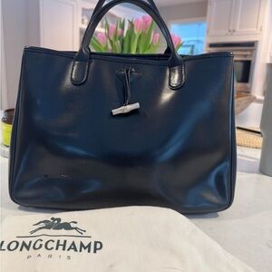 Longchamp Roseau Black Leather Top Handle Toggle Tote Handbag
